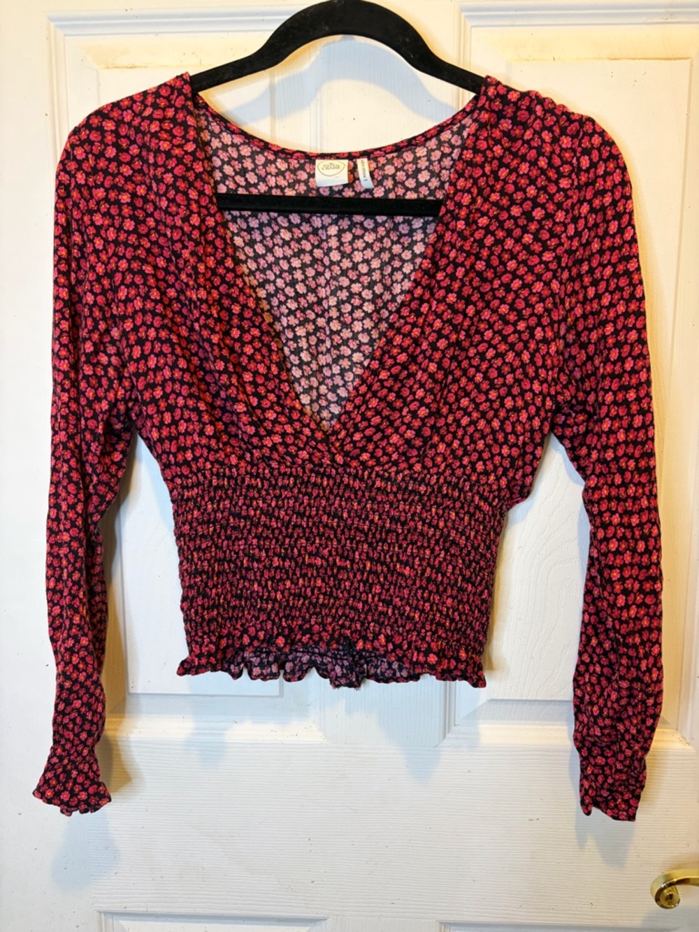 Paper Crane Red and Pink Floral Smocked Crop Top